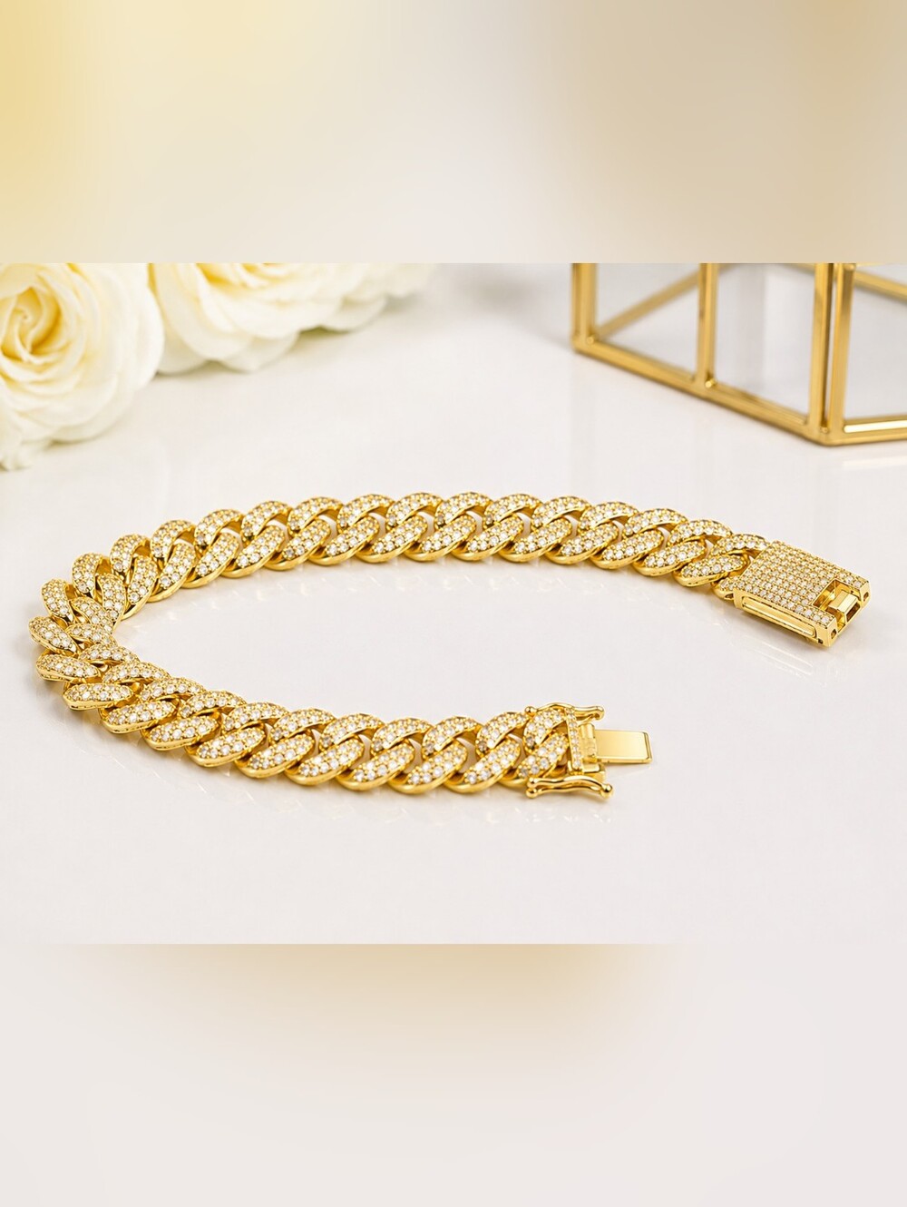 9" Gold Stainless Steel Iced Cuban Link Pave Bracelet